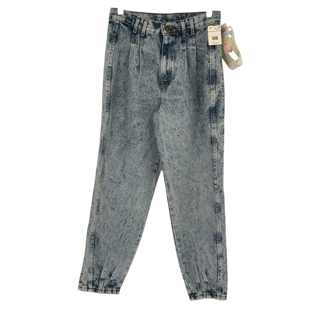 Chic Vintage Jeans Blue Acid Wash Pleated High Waist 100% Cotton 14 Petite